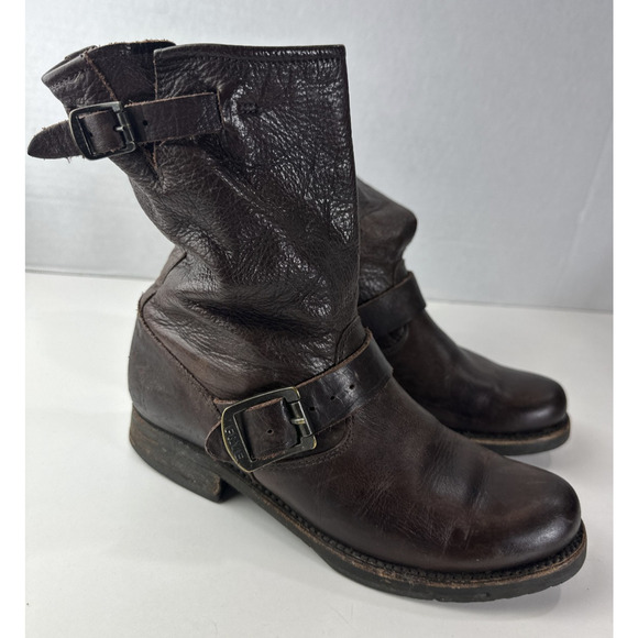 Frye Veronica Slouch Boots Women's 6 B Brown Leather Boho Grunge Moto Buckle - Picture 2 of 16